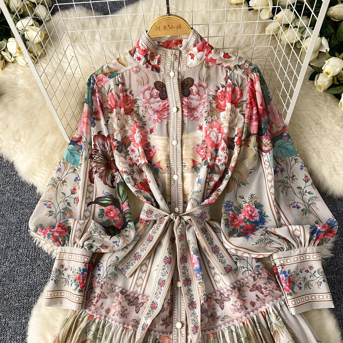 Courtly Lace-up Floral Shirt Dress
