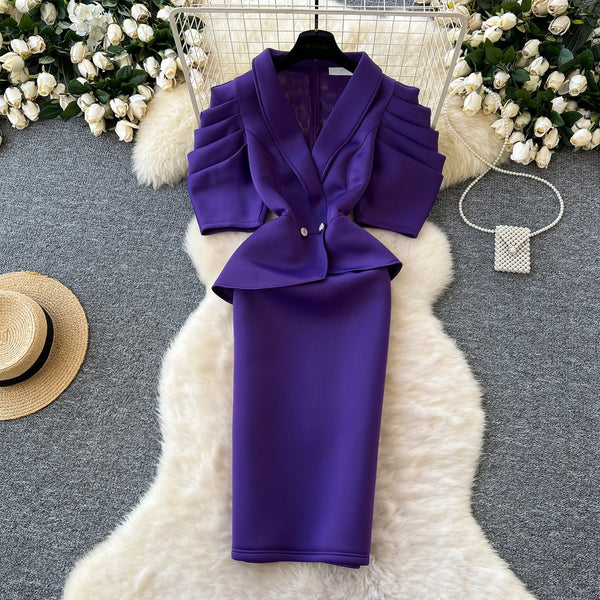 Suit Collar Ruffled Patchwork Dress