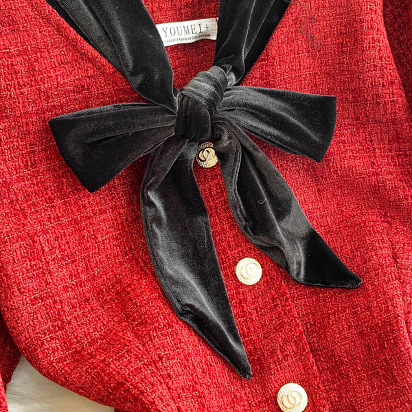 Faux Two-pieces Bow Velvet Dress