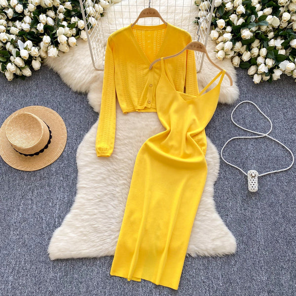 Cardigan&Slip Dress Solid Color 2Pcs