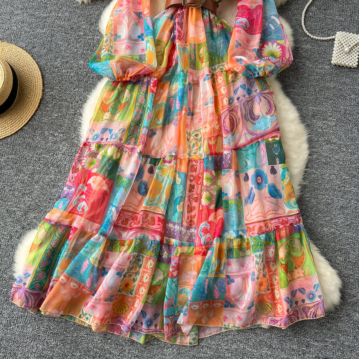 V-neck Colorful Printed Chiffon Dress
