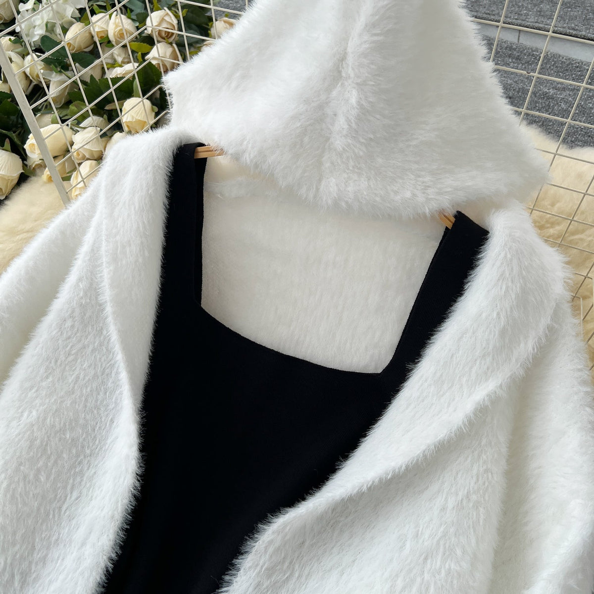 Black Vest Dress&White Cardigan 2Pcs