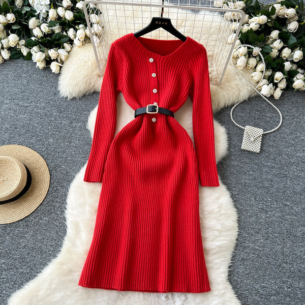 Vintage Solid Color Knitted Dress with Belt