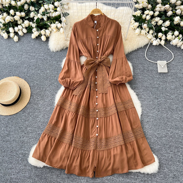 Courtly Lace-up Patchwork Shirt Dress
