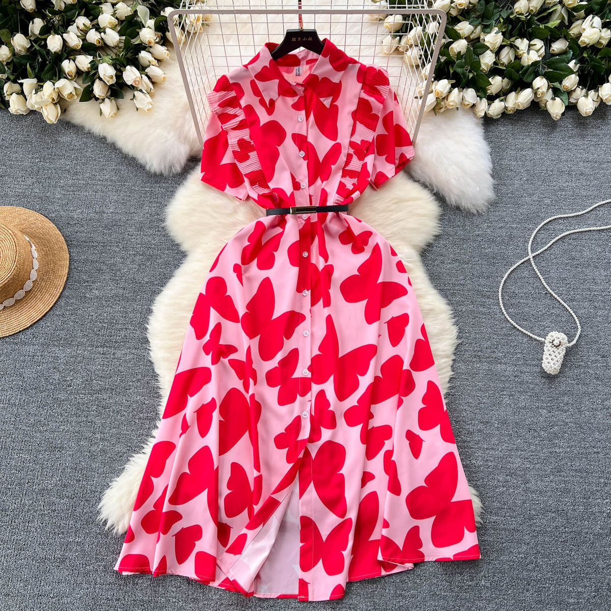 Niche Ruffled Printed Shirt Dress