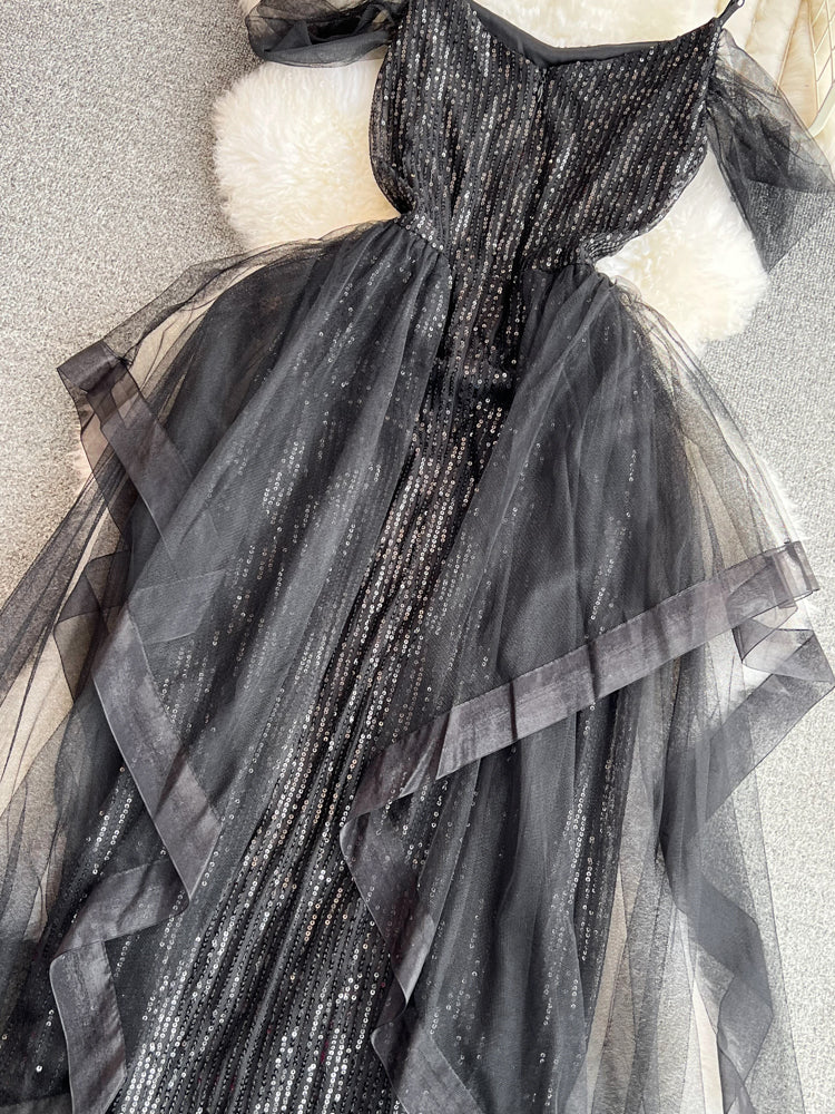 Ruffled Neckline Black Sequined Party Dress