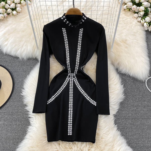 Vintage Rhinestone Studded Elastic Dress