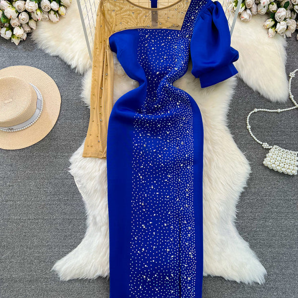 Irregular Design Beaded Mesh Patchwork Dress