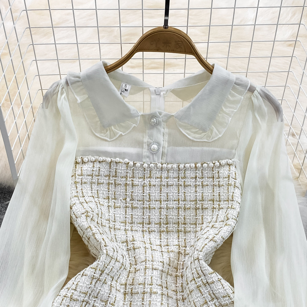 Tweed Patchwork Chiffon Shirt Dress