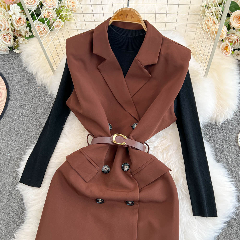 Vest Dress&Bottoming Sweater 2Pcs