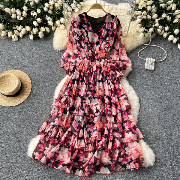 French Style V-neck Floral Chiffon Dress