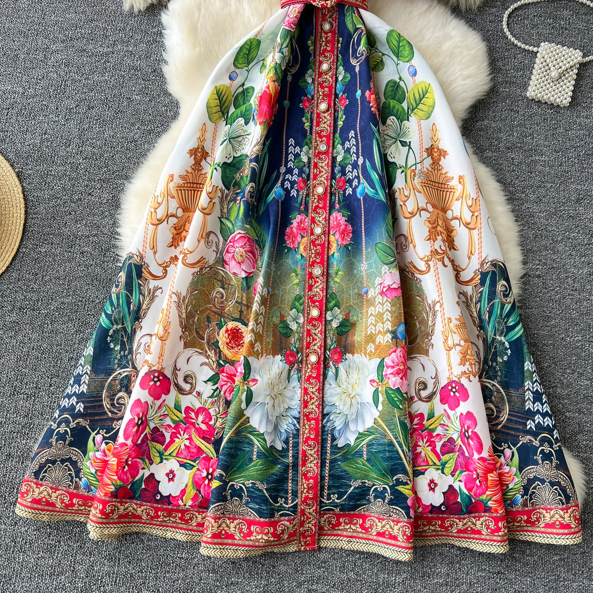 Courtly Floral Single-breasted Dress