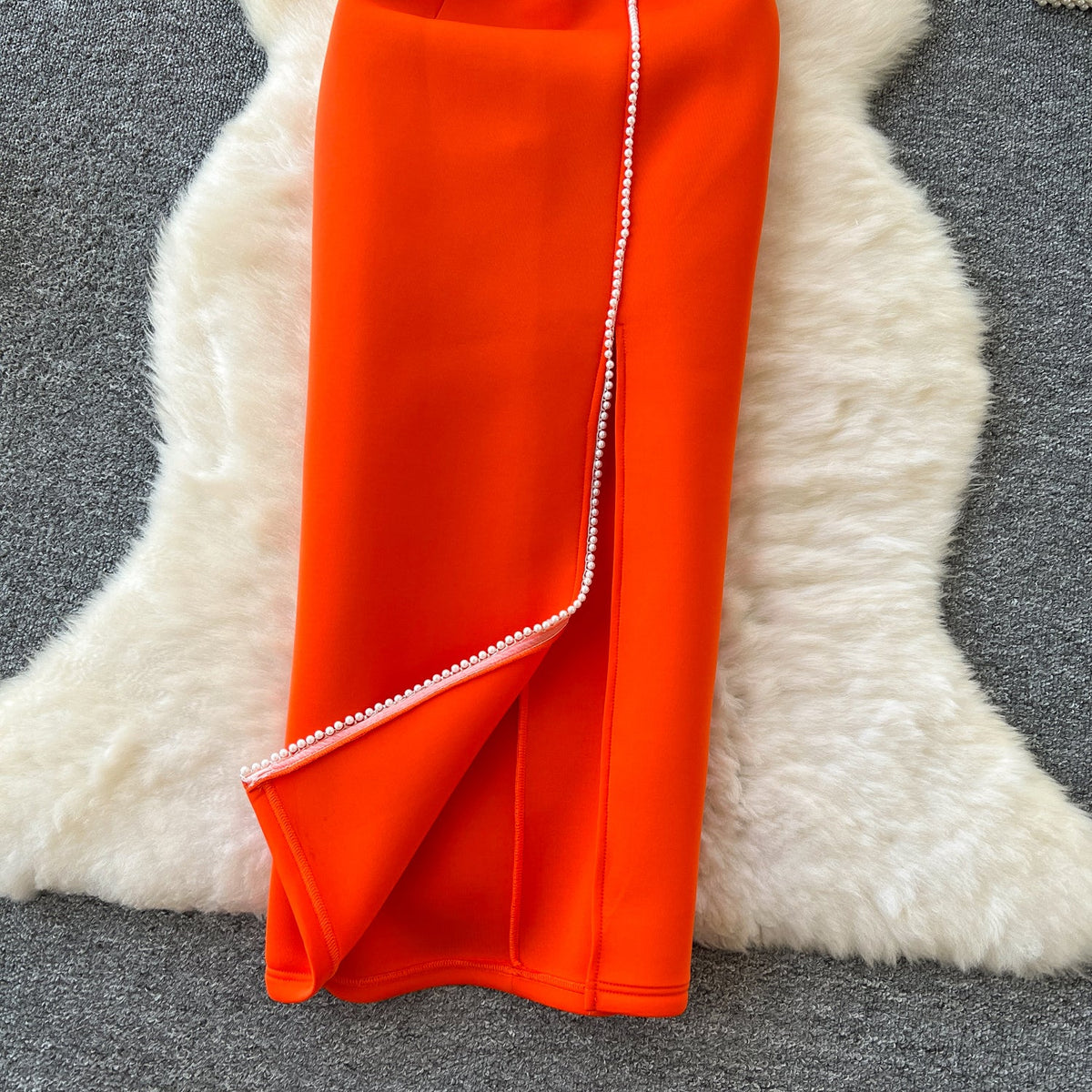Ruffled Sleeve Sequined Orange Dress