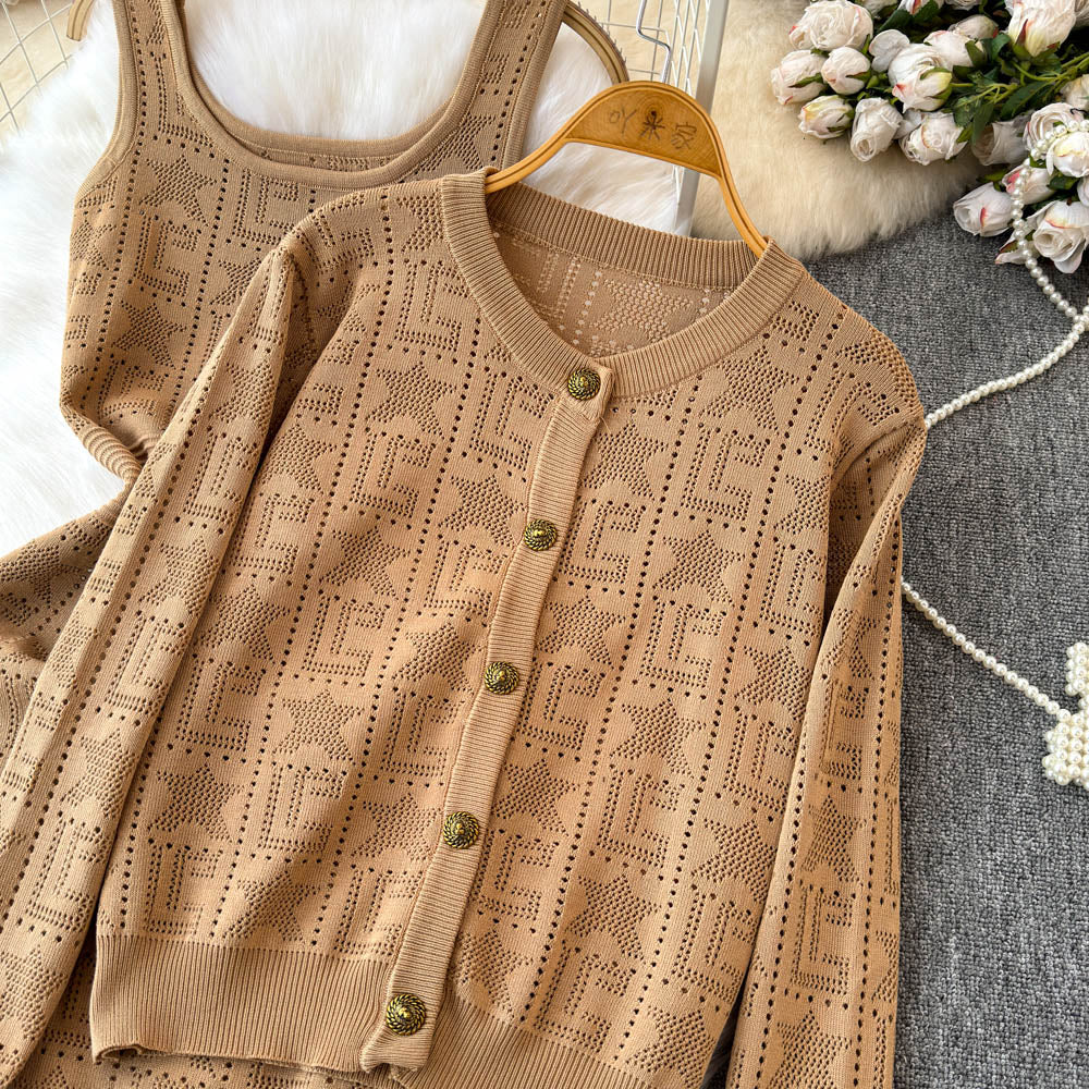 Cardigan&Slip Dress Printed Knit 2Pcs