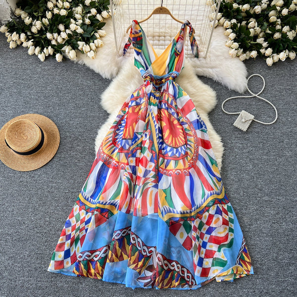 V-neck Colorful Printed Chiffon Dress