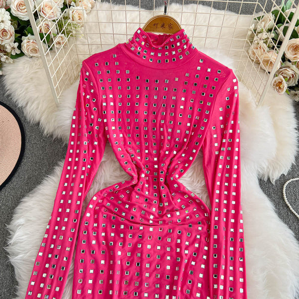 Premium Rhinestone Studded Zipped Dress