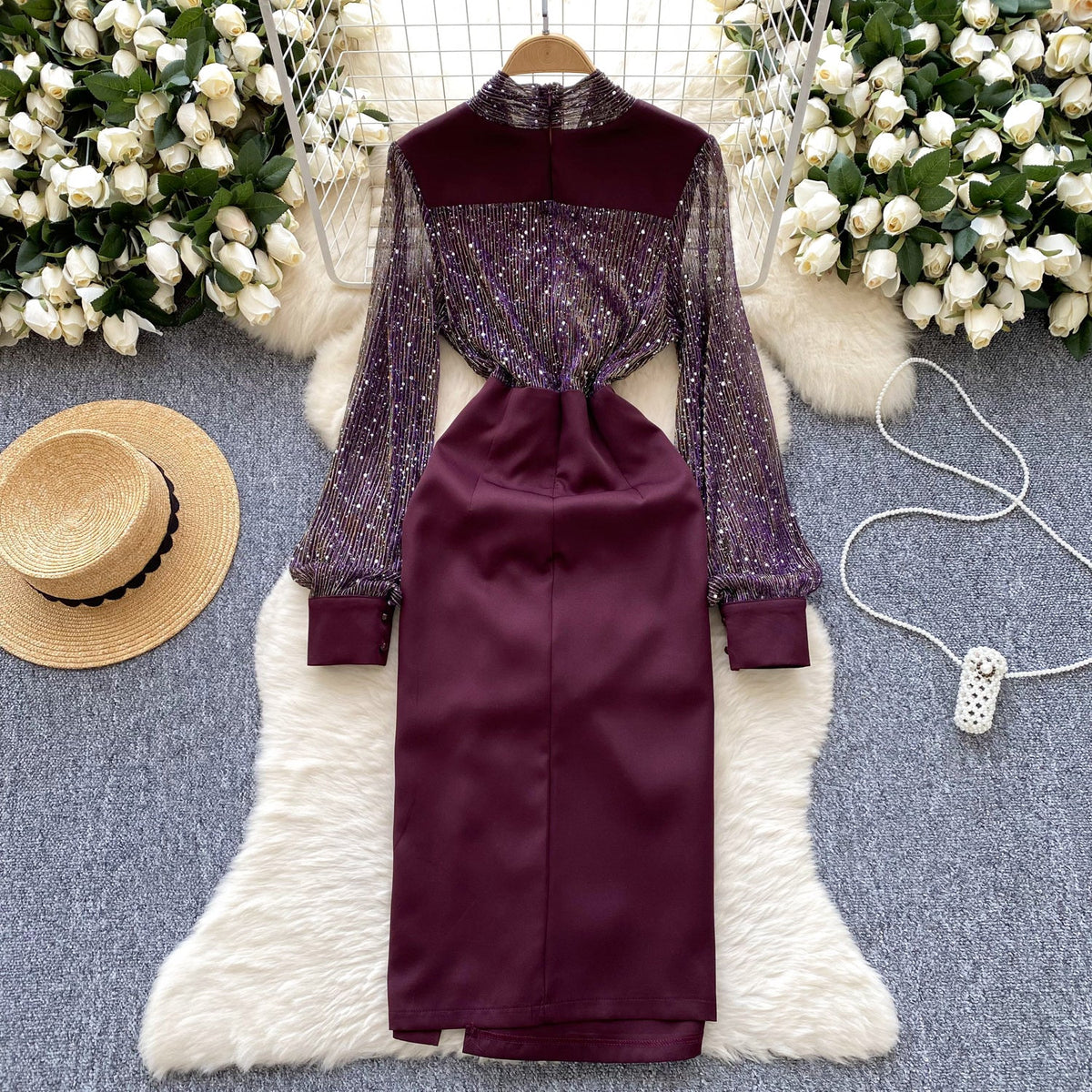 Sequined Mesh Patchwork Satin Dress