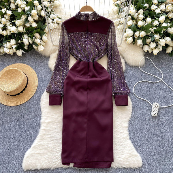 Sequined Mesh Patchwork Satin Dress
