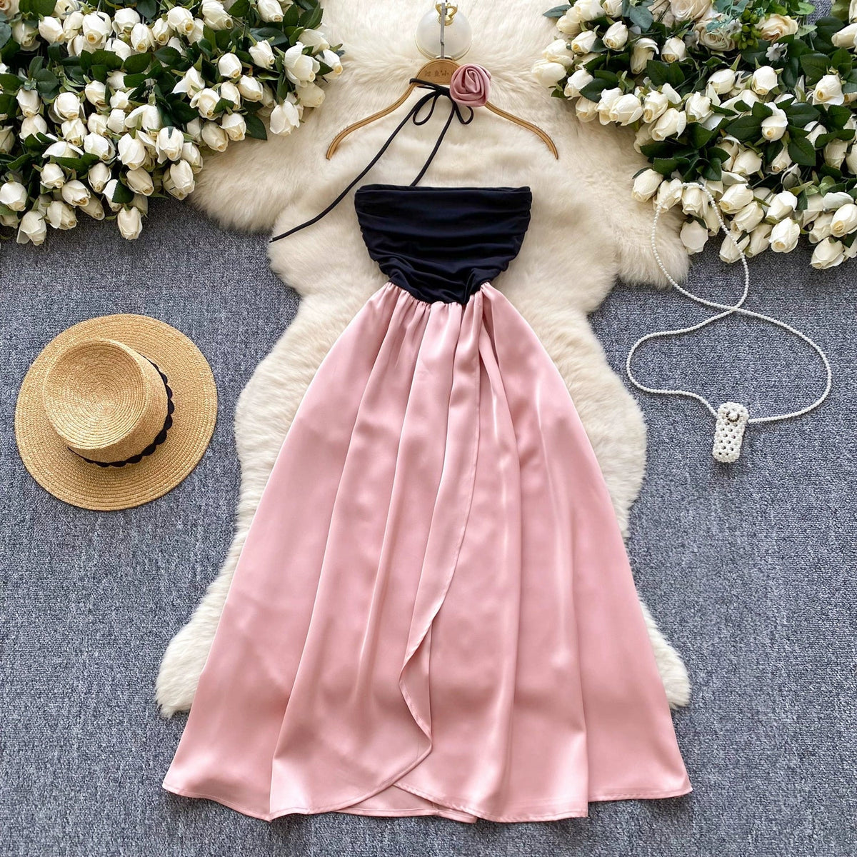 Black & Pink Satin Patchwork Split Dress