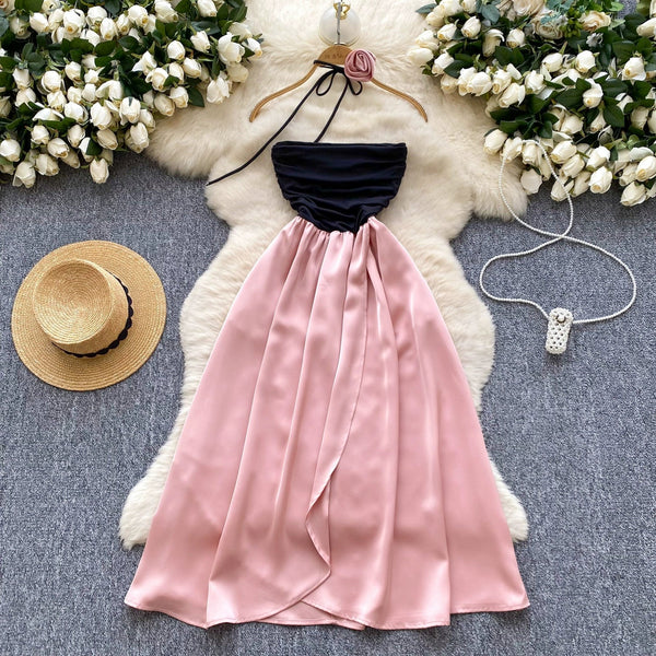 Black & Pink Satin Patchwork Split Dress