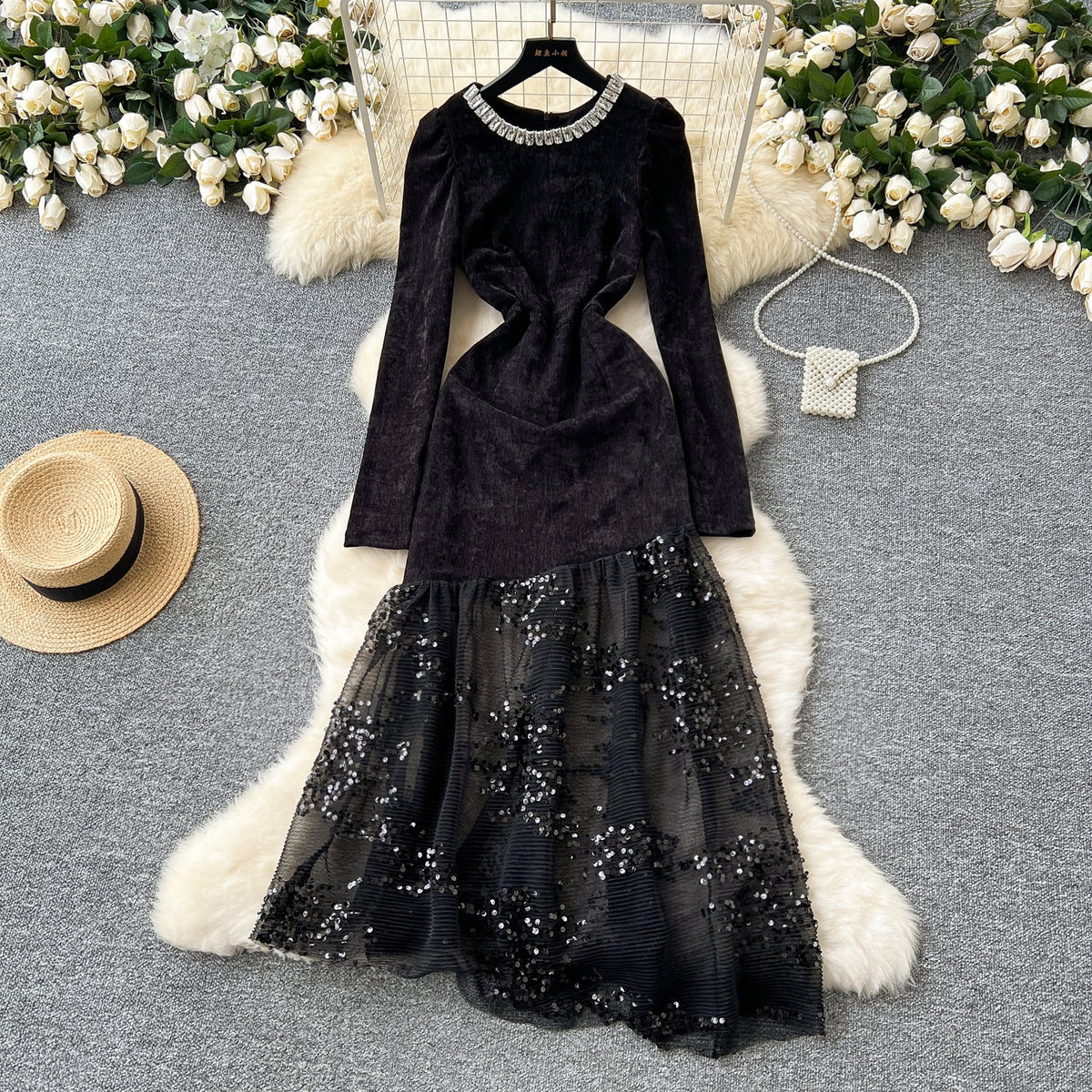 Rhinestone Studded Sequined Mesh Black Dress