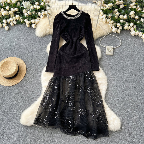 Rhinestone Studded Sequined Mesh Black Dress