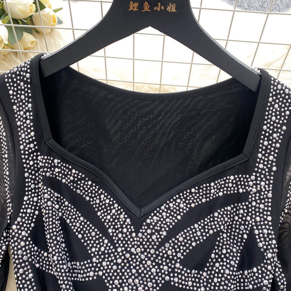 Vintage Rhinestone Studded Black Dress