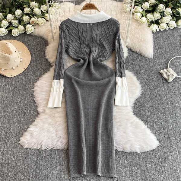 Lapeled Color-blocking Knitted Dress