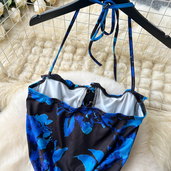 Asymmetric Ruffled Printed Halter Dress