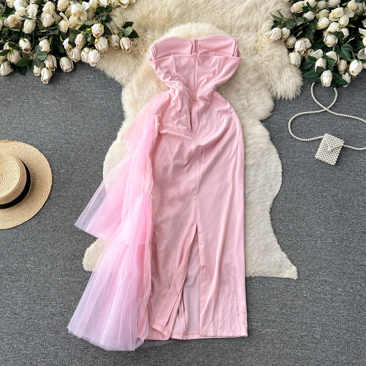 Mesh Ribbon Patchwork Off-shoulder Dress