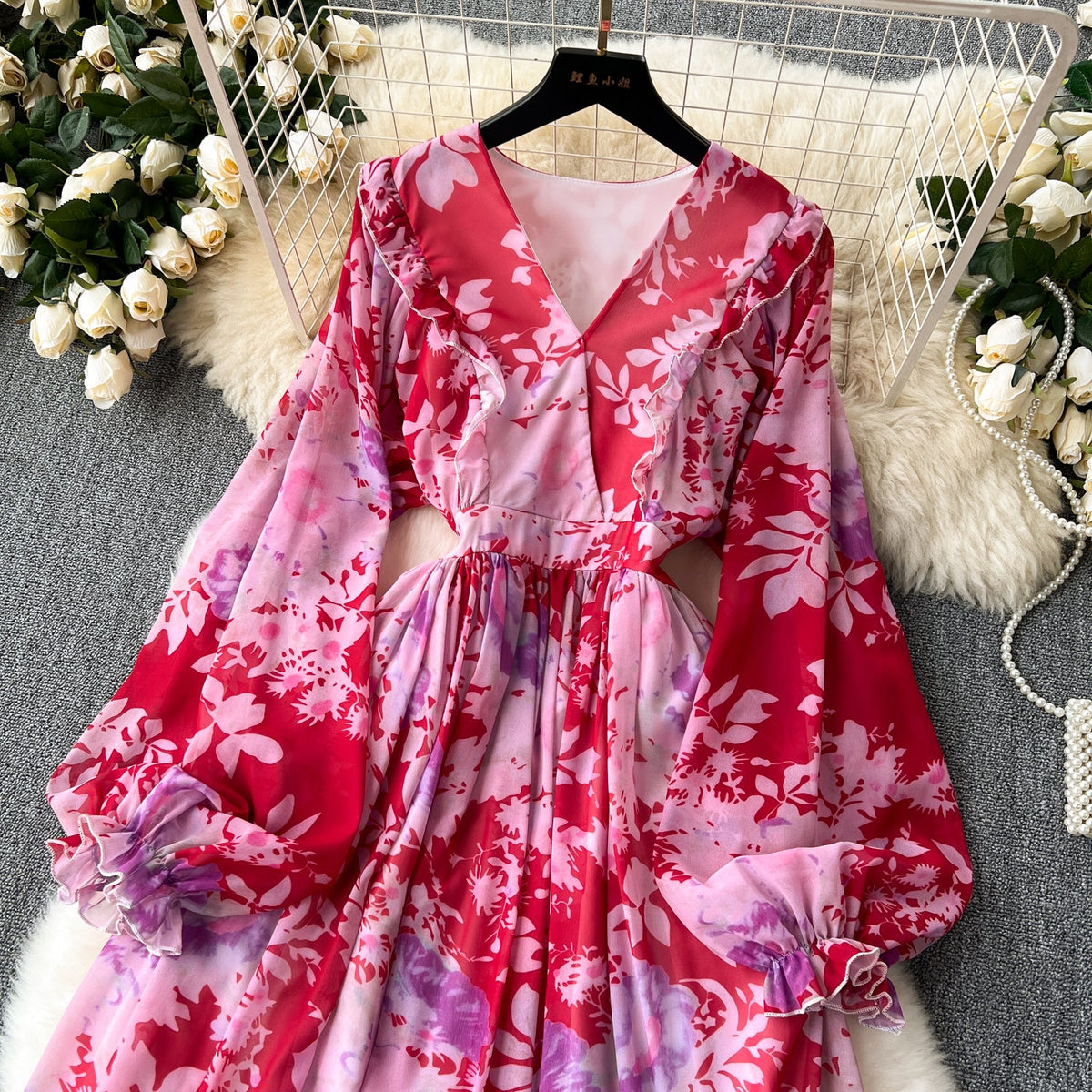 French Style Flared Sleeve Floral Dress