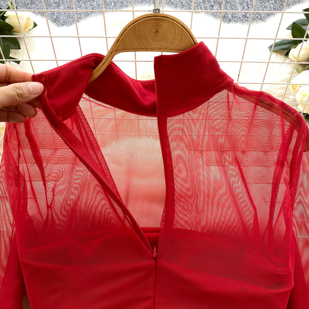 See-through Mesh 3D Ruffled Dress