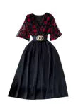 V-neck Floral Patchwork Black Dress