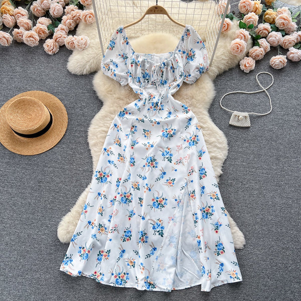 Ruffled Neckline Floral Split Dress