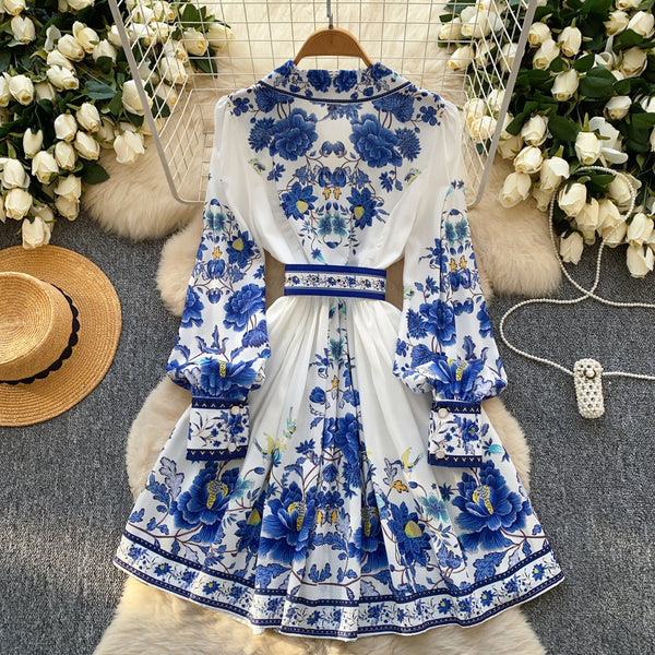 Suit Collar Printed V-neck Shirt Dress