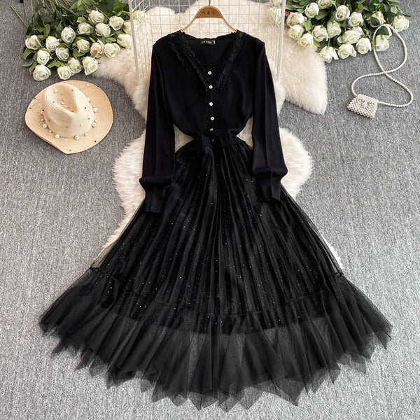 Knitted Patchwork Black Mesh Dress