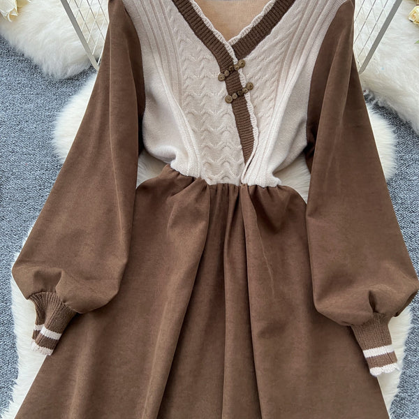 Vintage Knot Button Knit Patchwork Dress