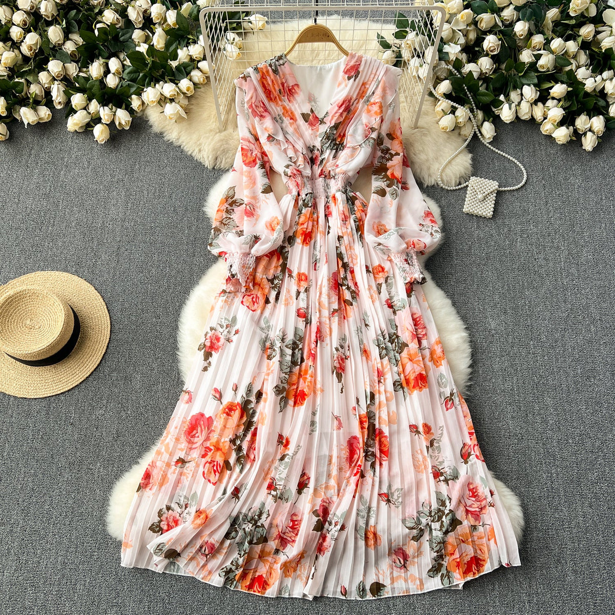 Fairy Pleated Floral Chiffon Dress