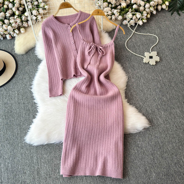 Cardigan&Lace-up Slip Dress Knitted 2Pcs