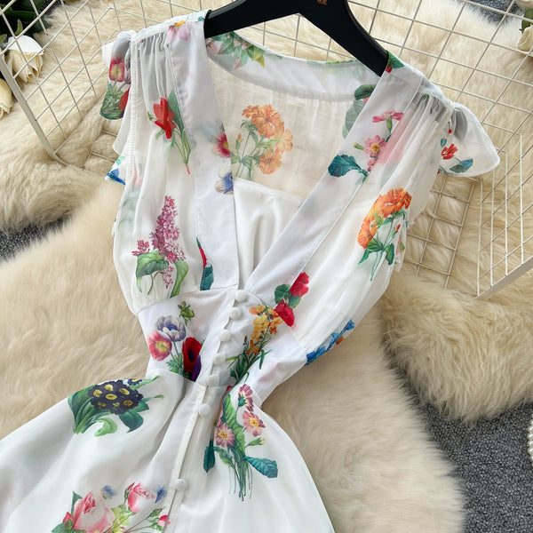 Deep V-neck Floral Chiffon Dress