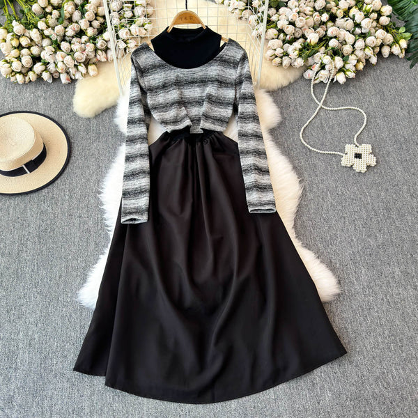 Striped Knitwear&Halter Dress 2Pcs
