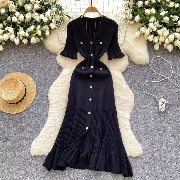 French Style V-neck Knit Shirt Dress