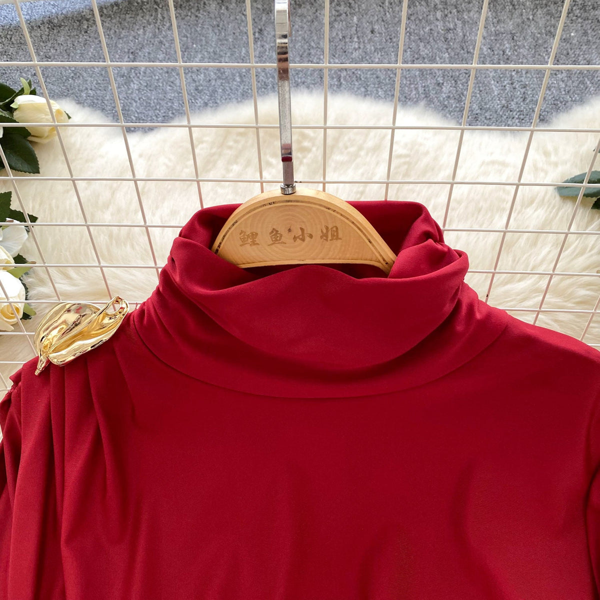 Irregular Design Turtleneck Dress with Ribbon