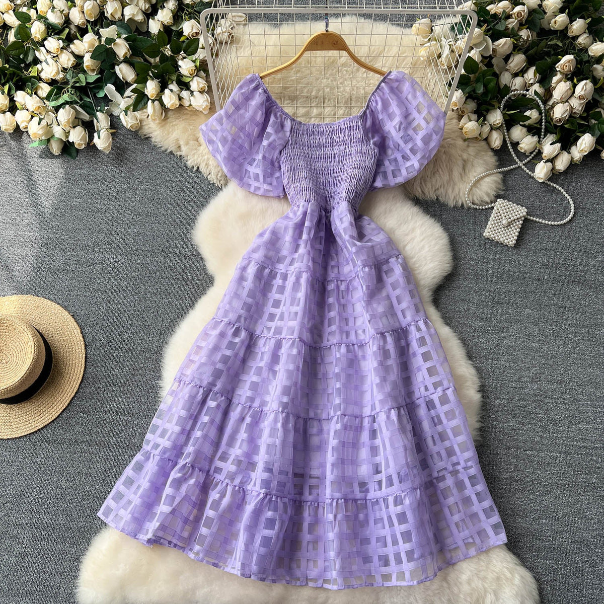 Solid Color Plaid Puffy Dress