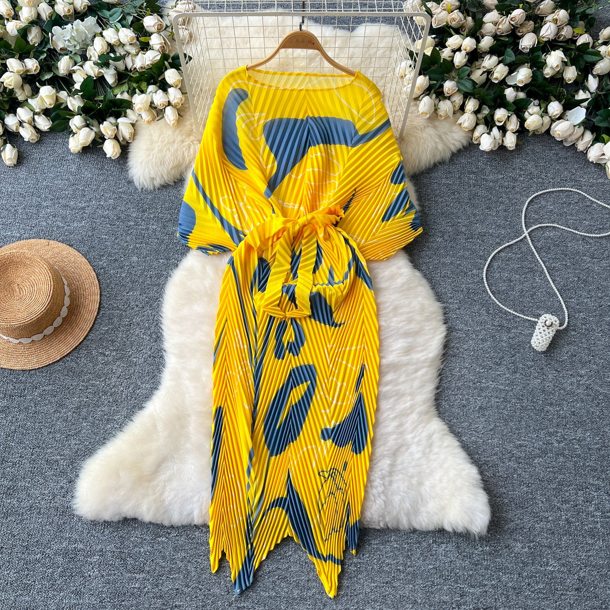 Bat Sleeve Floral Printed Pleated Dress