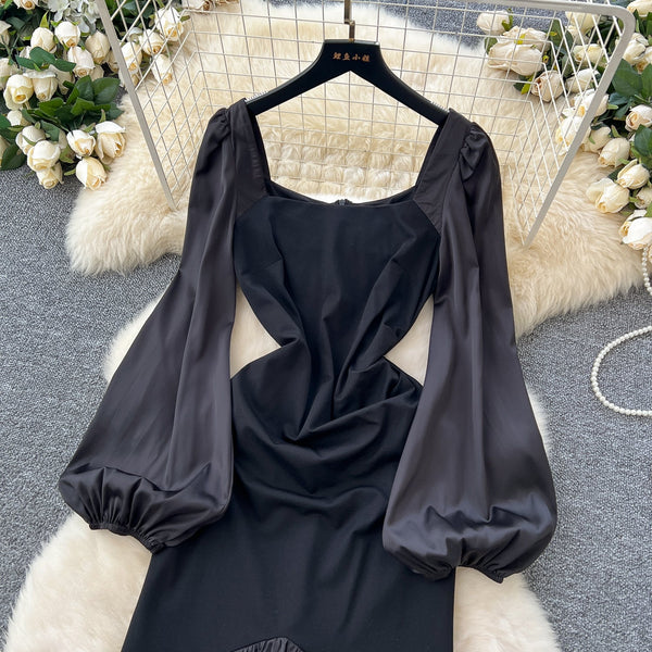 Square Neckline Patchwork Black Dress