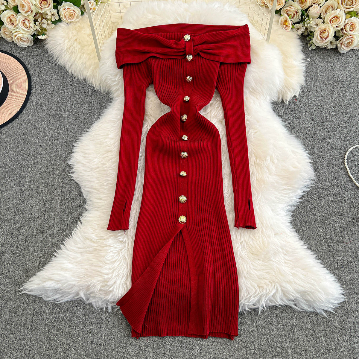 Vintage Off-shoulder Knitted Split Dress