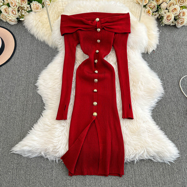 Vintage Off-shoulder Knitted Split Dress