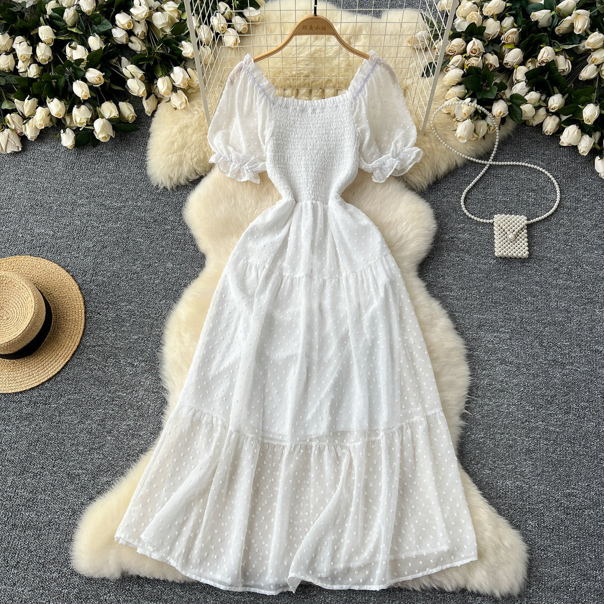 Solid Color Puffy Sleeve Ruffled Dress