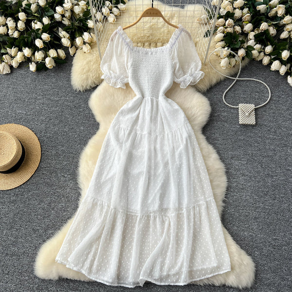 Solid Color Puffy Sleeve Ruffled Dress